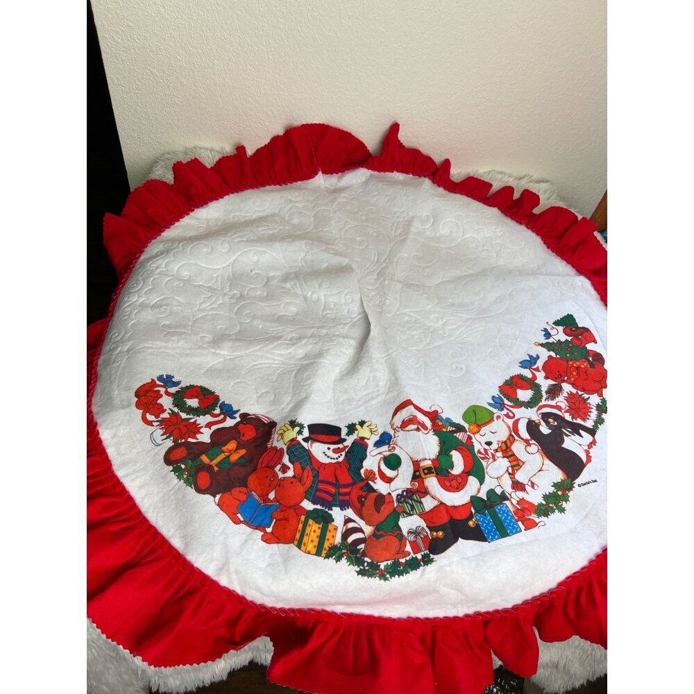 Vintage Santa's Best Christmas Tree Skirt Santa Snowman Red Trim